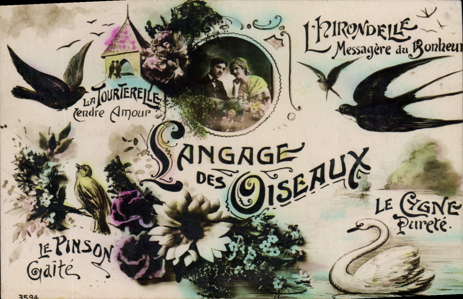 CPA Fantaisie Langage des oiseaux Hirondelle Tourterelle Cygne Pinson