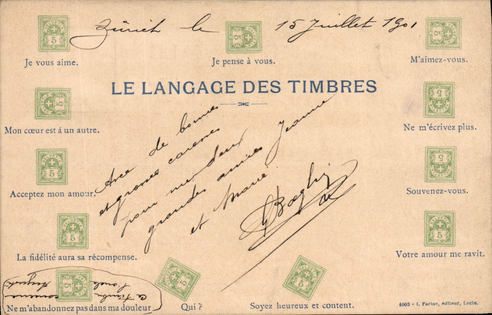 CPA Fantaisie Langage des timbres Suisse 