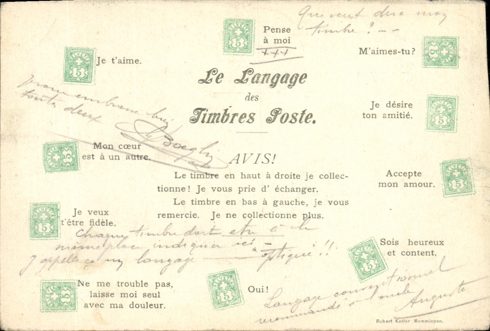 CPA Fantaisie Langage des timbres Suisse 