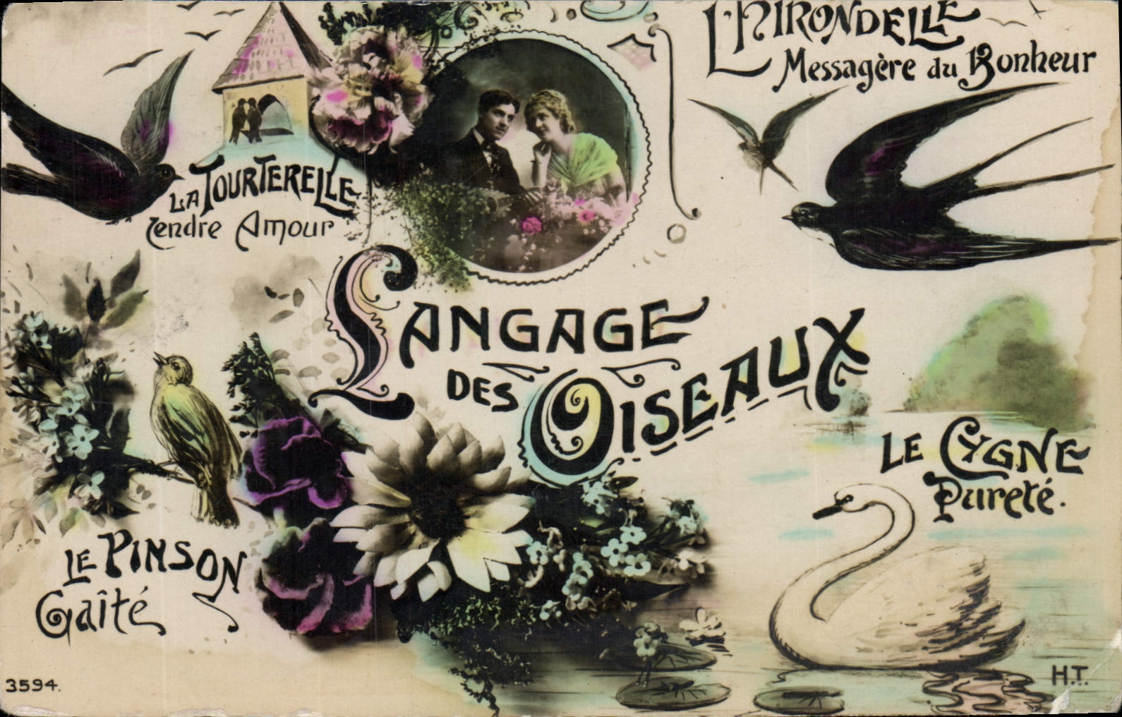 CPA Fantaisie Langage des oiseaux Cygne Tourterelle Hirondelle Pinson