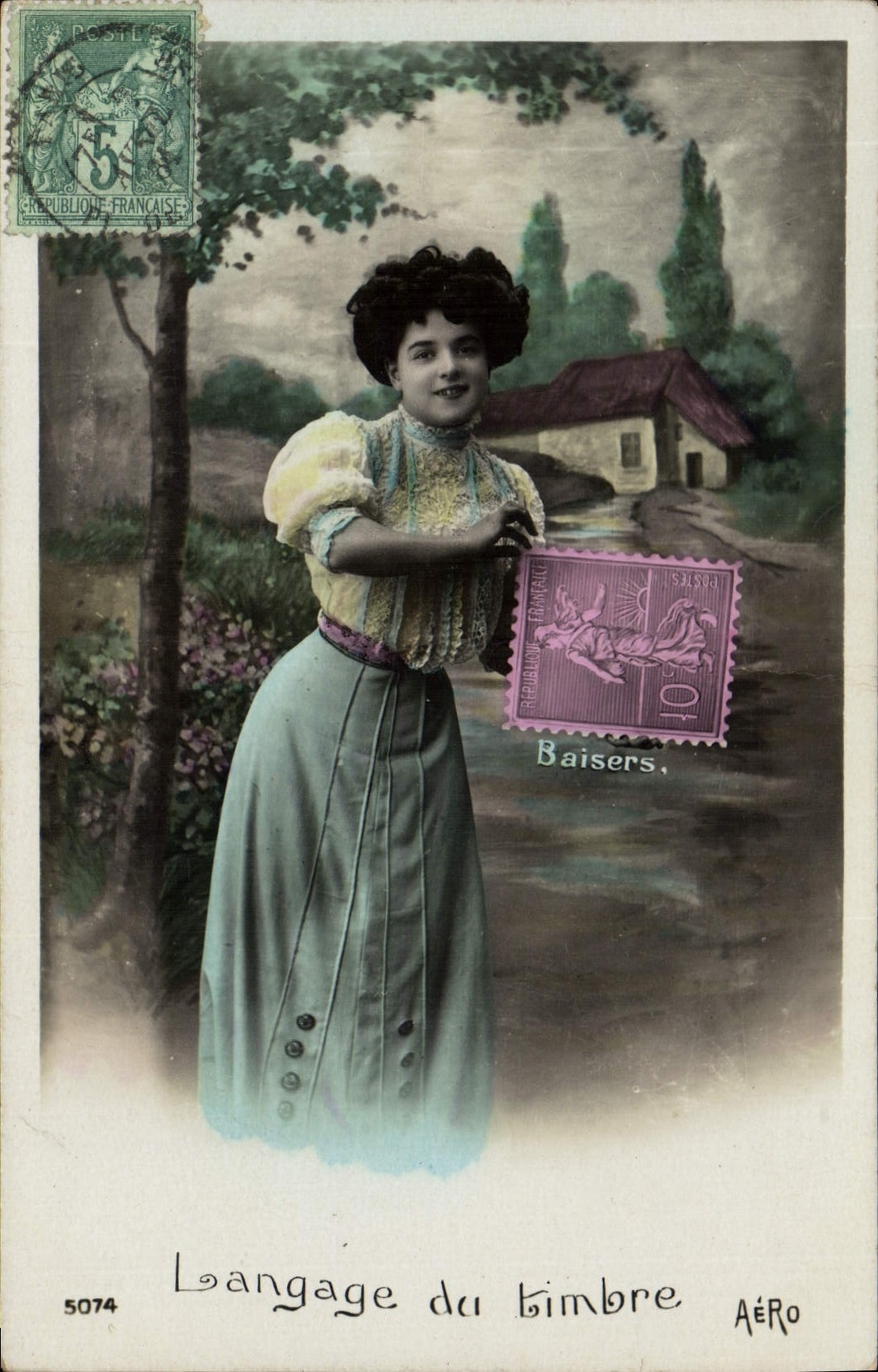 CPA Fantaisie Femme Semeuse 10c Langage du timbre 
