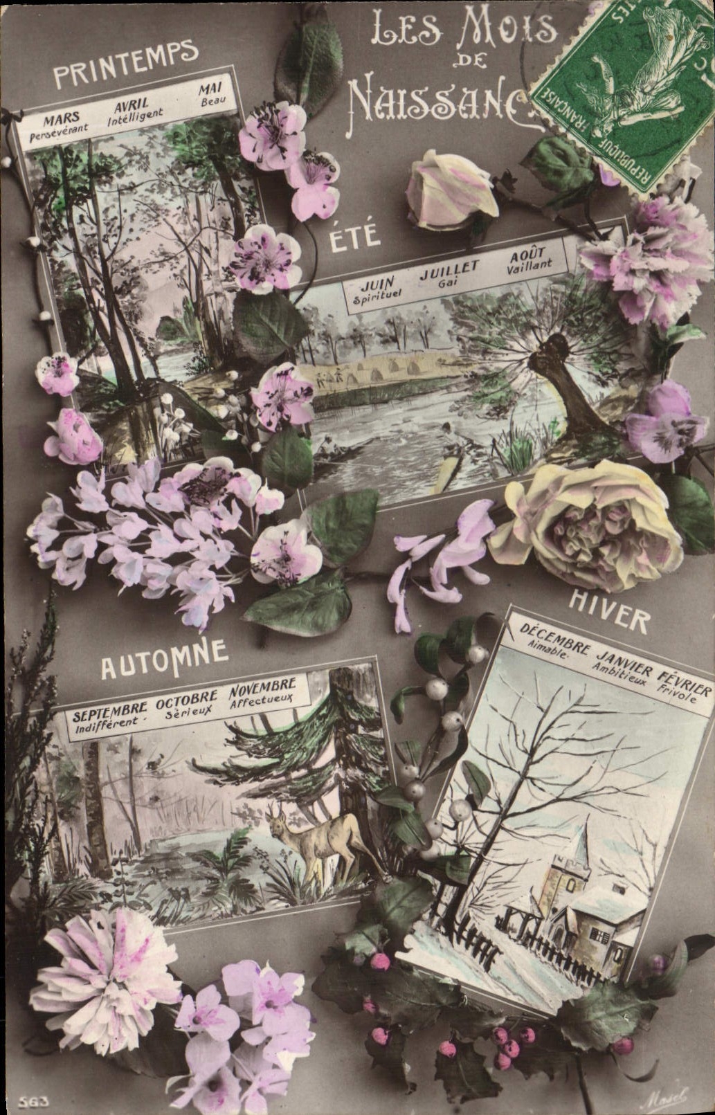 Vintage Postcard Fantasy Flowers months of birth