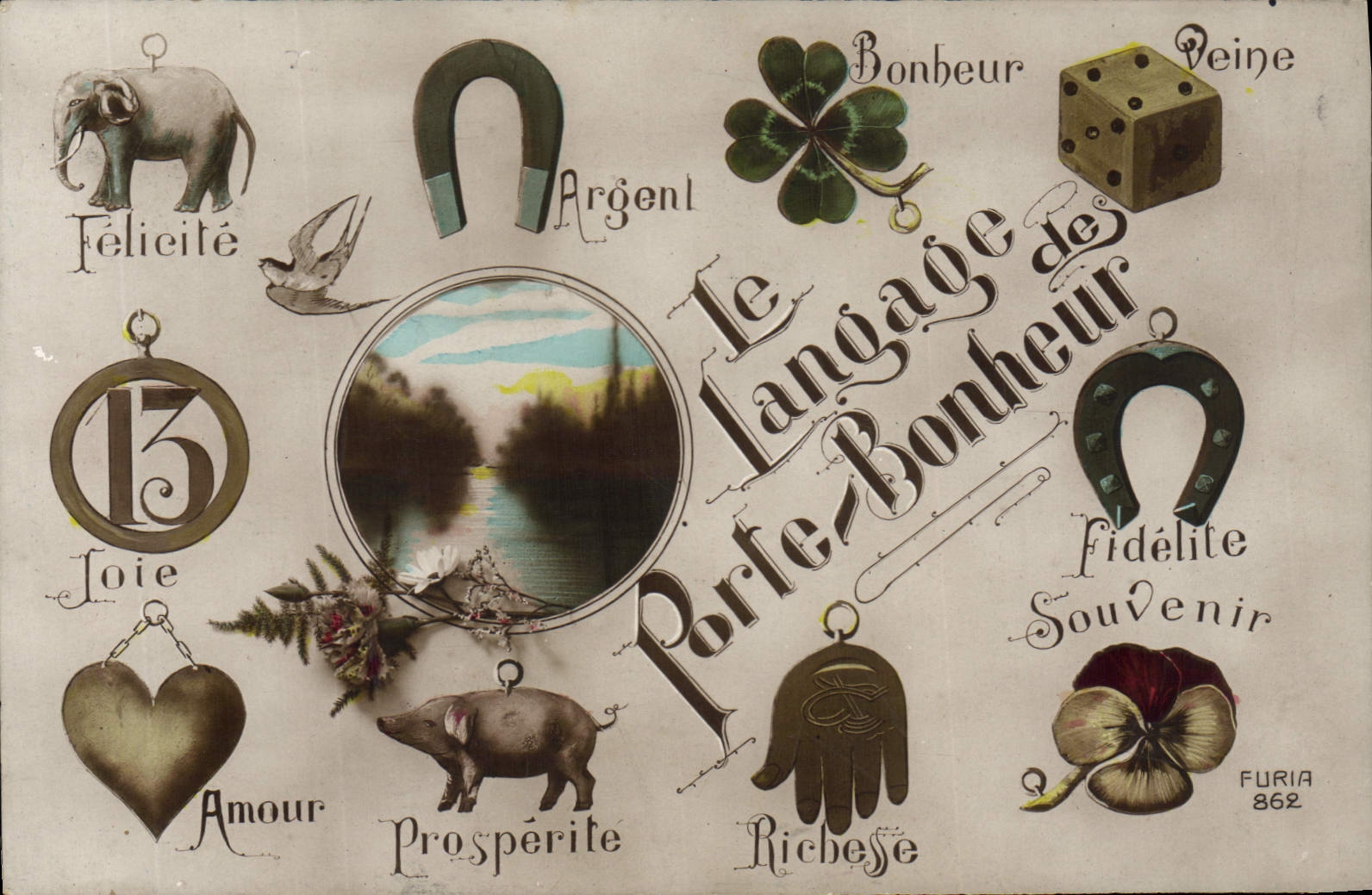 CPA Fantaisie Langage des porte bonheurs Cochon Porc Fer a cheval