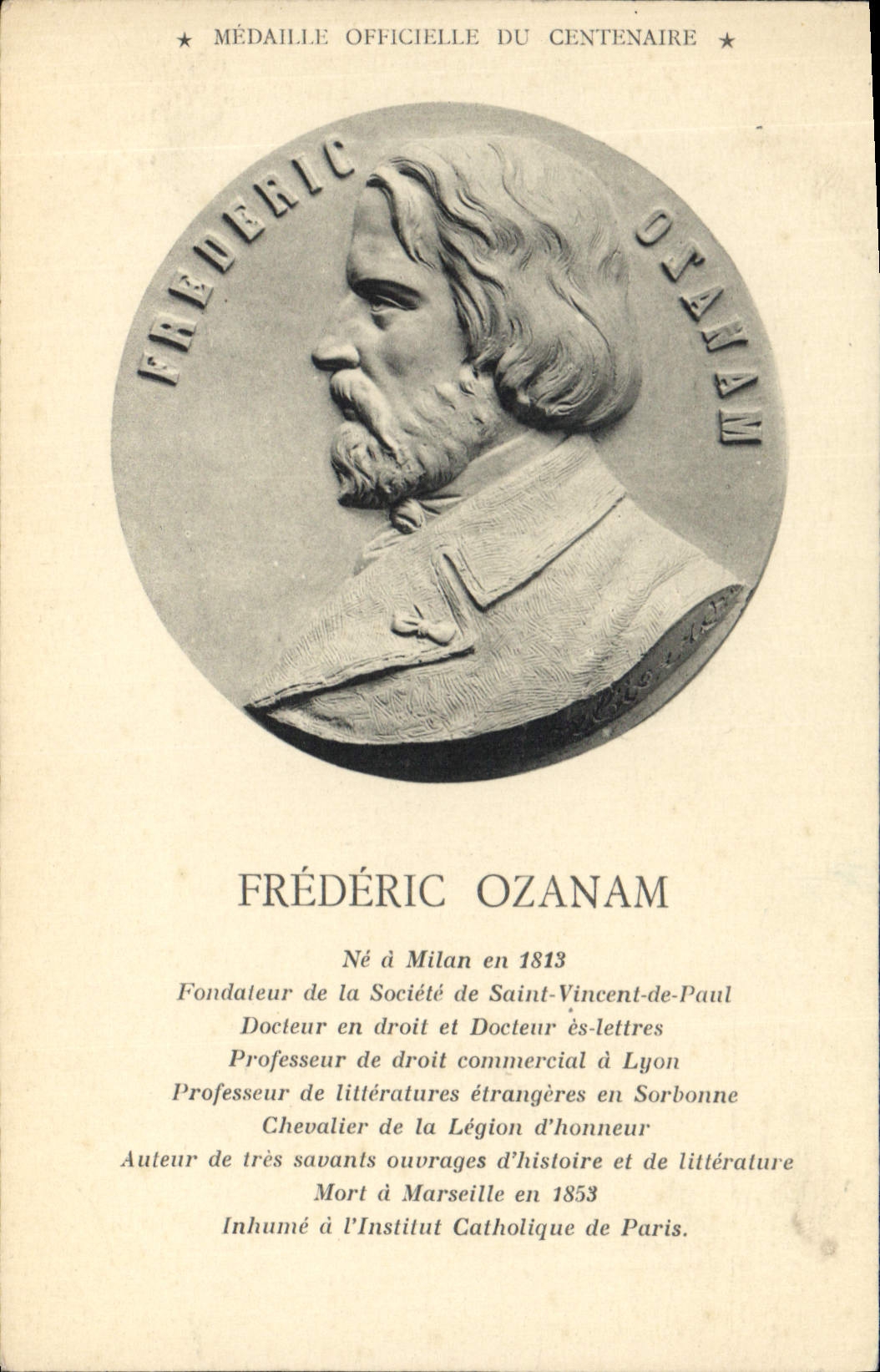 CPA Frederic Ozanam Fondateur de la Societe de Saint Vincent de Paul Medaille du Centenaire 