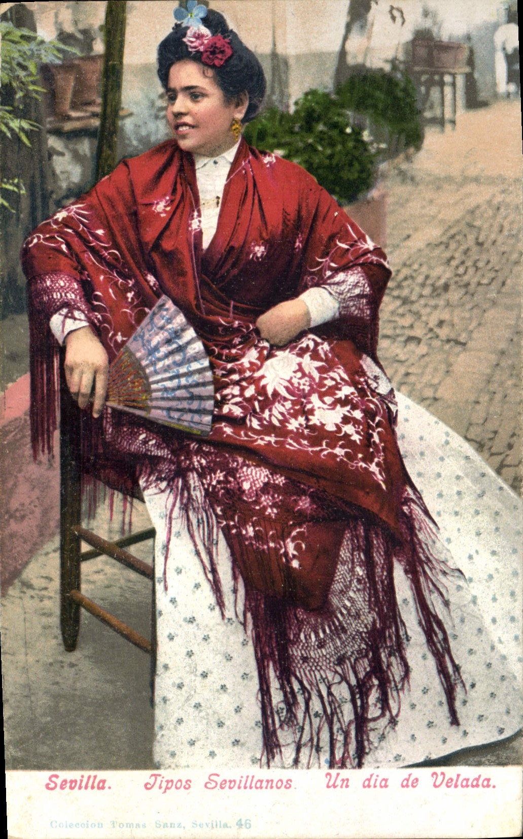 Postal Fantasia Mujer Abanico Sevilla Tipos Sveillanos un dia de Velada