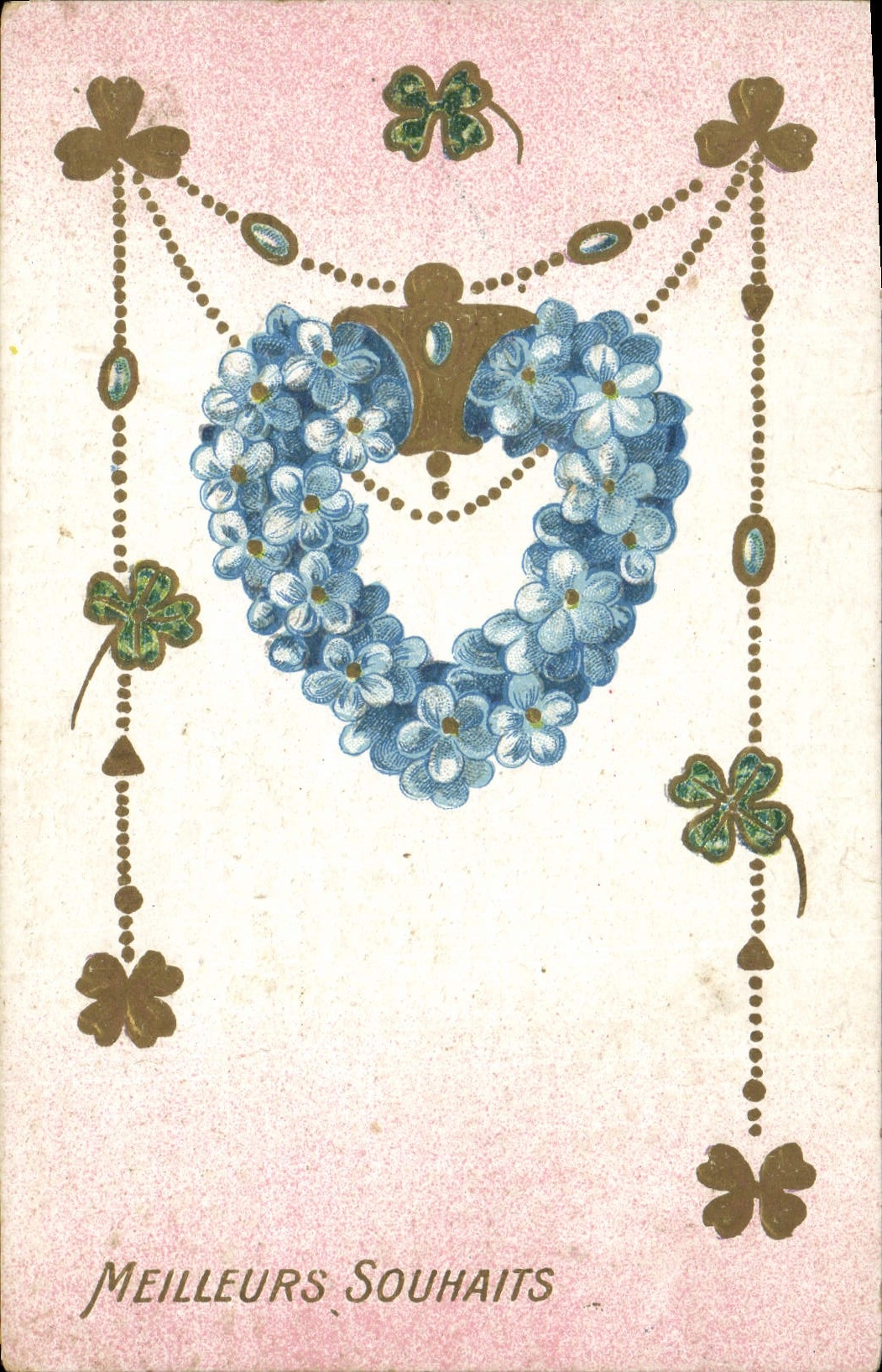 Vintage Postcard Fantasy Heart Flowers Clover