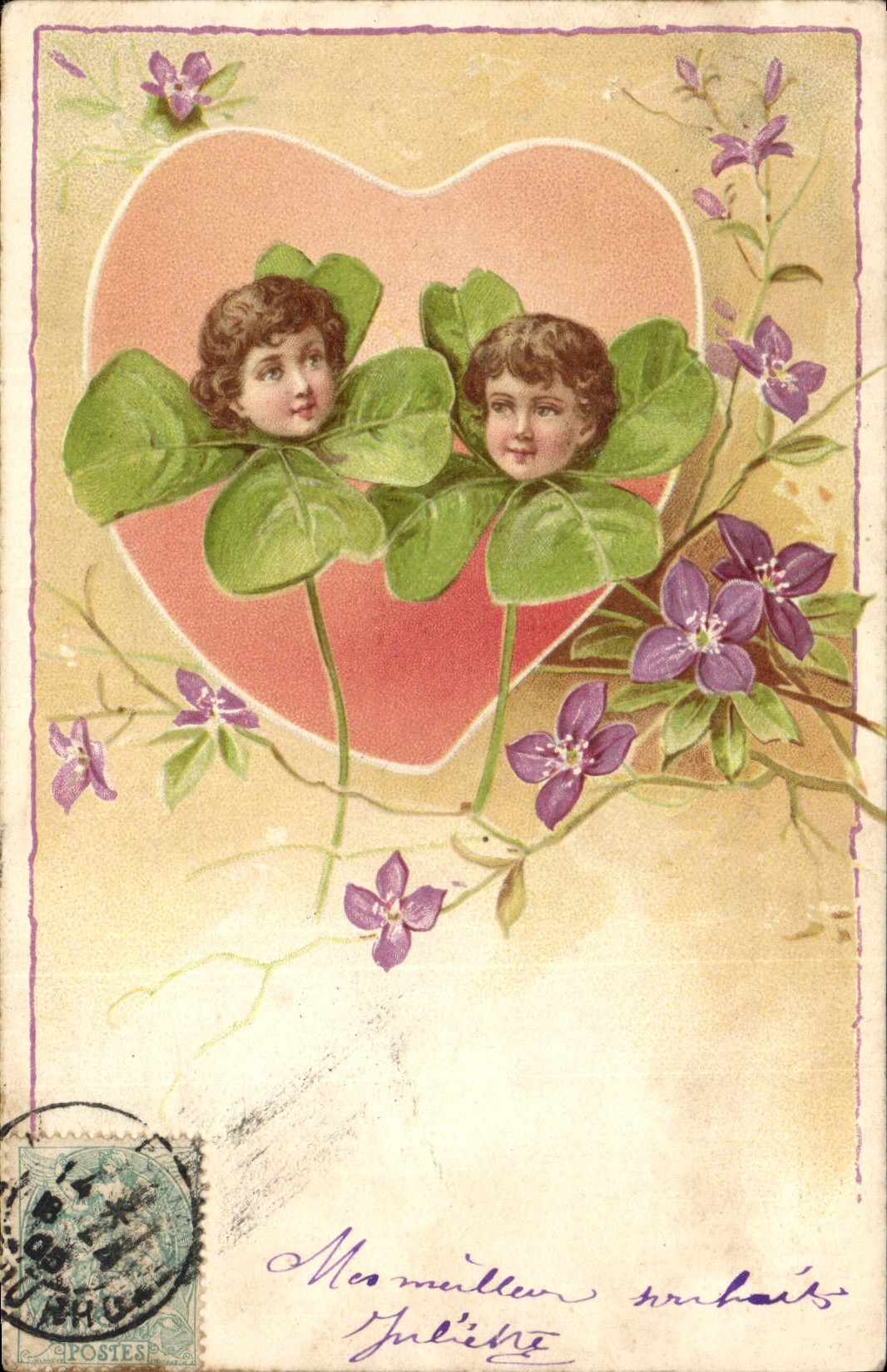 CPA Fantaisie Coeur Enfants Trefles