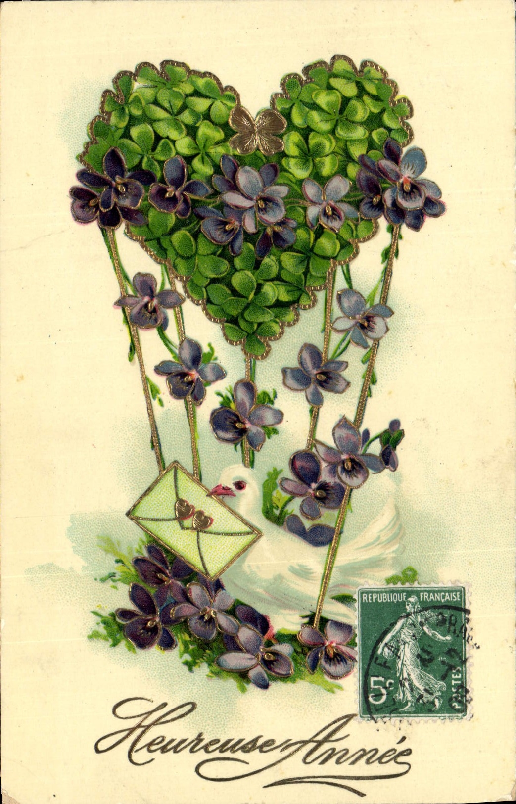 Vintage Postcard Fantasy Heart Clover Dove