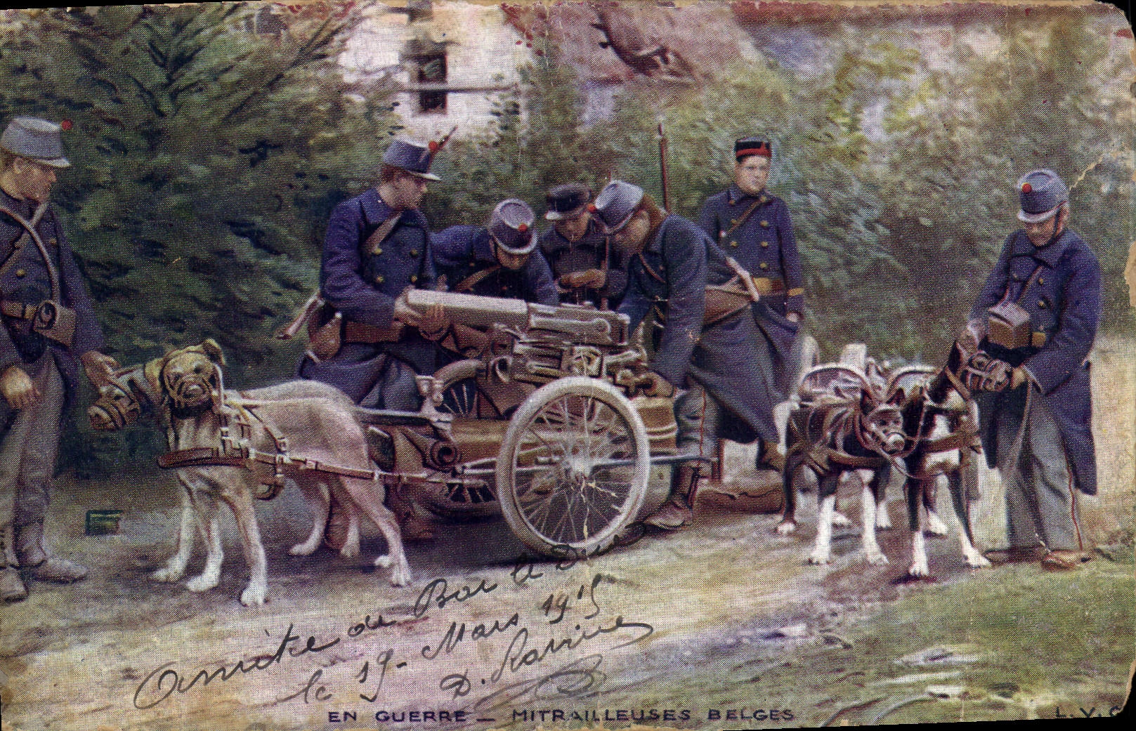 CPA Militaria LVC Mitrailleuses Belges Voiture a Chiens Chien