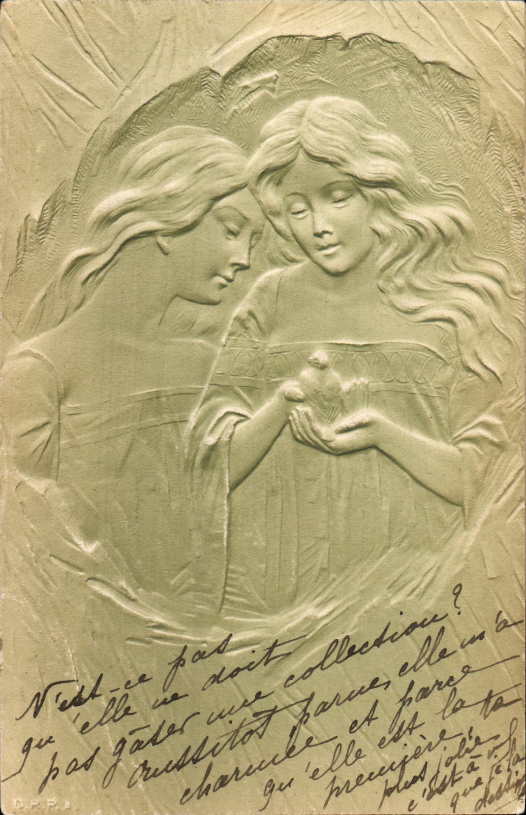 Vintage Postcard Fantasy Woman Birds (in relief)