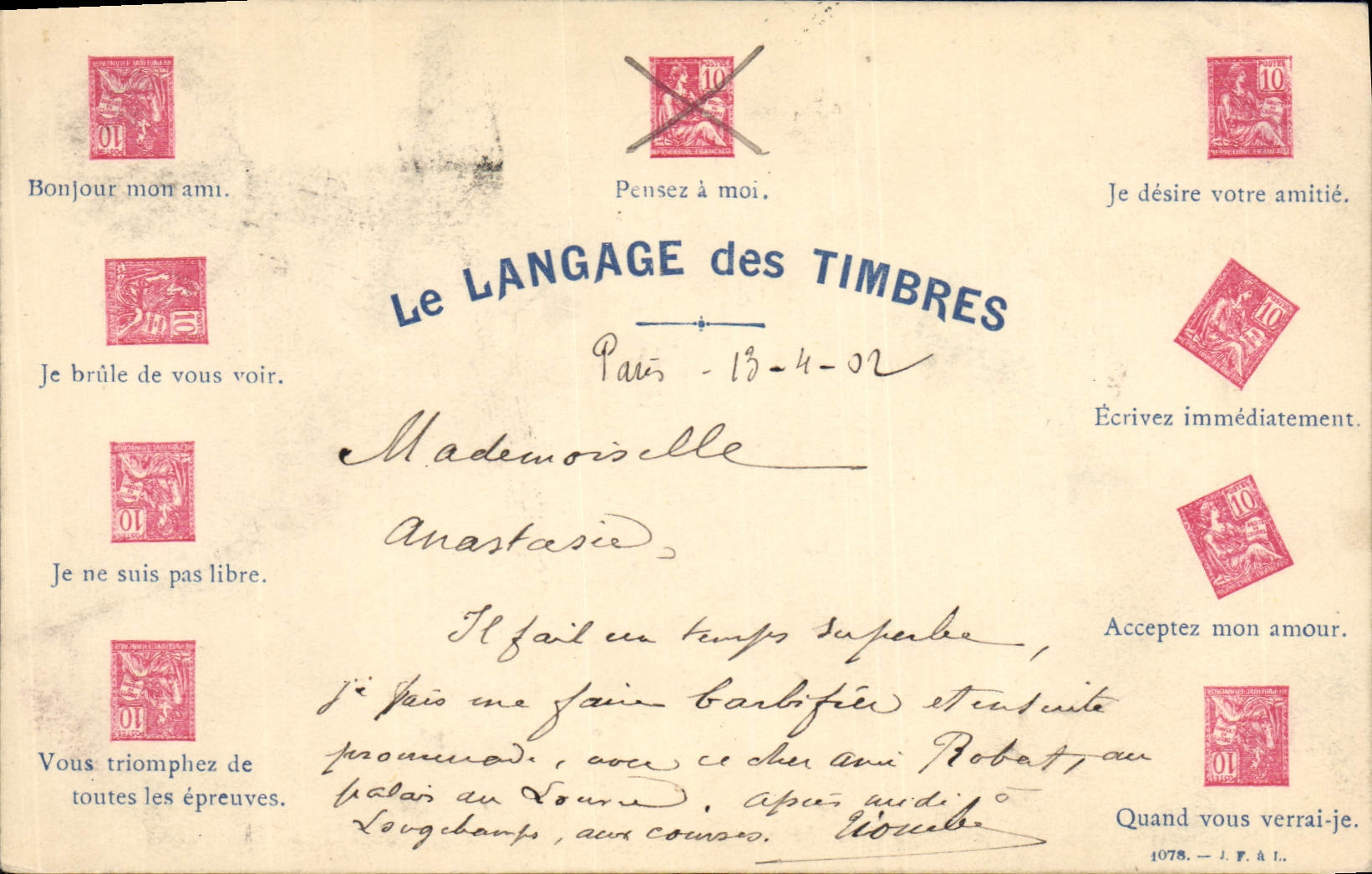 Vintage Postcard Fantasy the language of the Moucon stamps