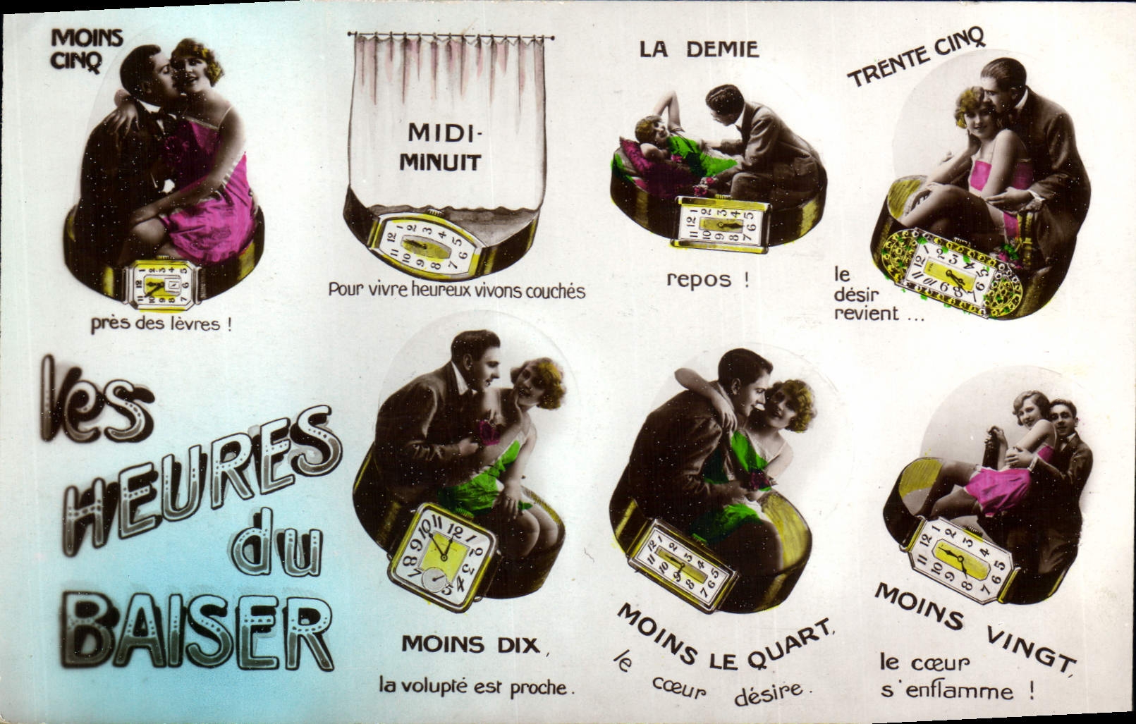 Vintage Postcard Fantaisie Woman the hours of the kiss Shows