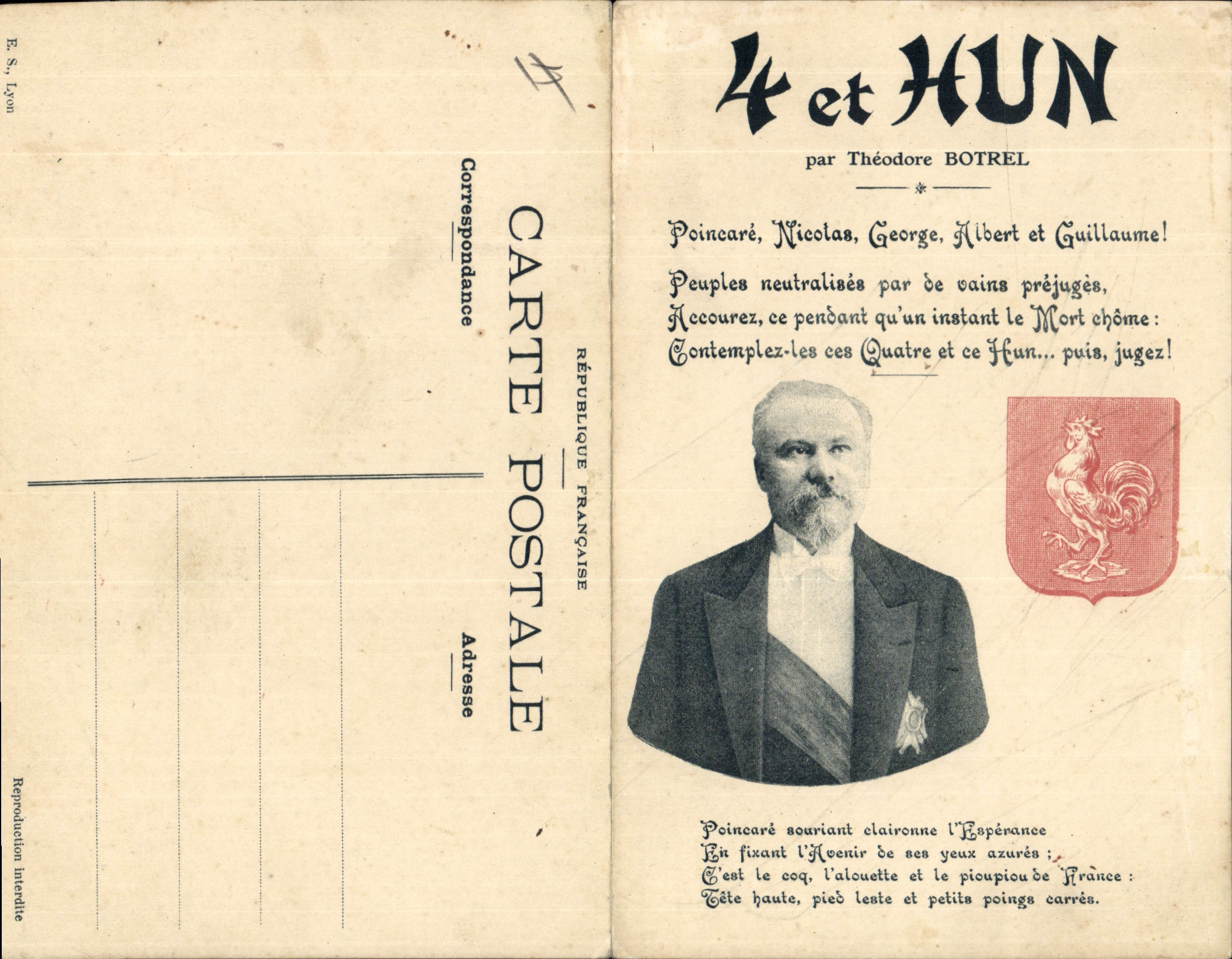 Postal 4 y Hun Theodore Botrel Poincare Nicolás II Jorge V Albert Guillame Lion Águila Rusia Russia