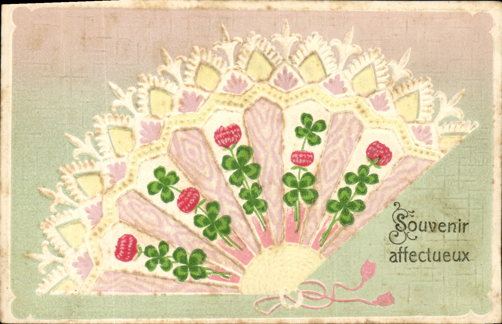 Postal Fantasia Flores Abanico Tréboles (decorado en relieve)