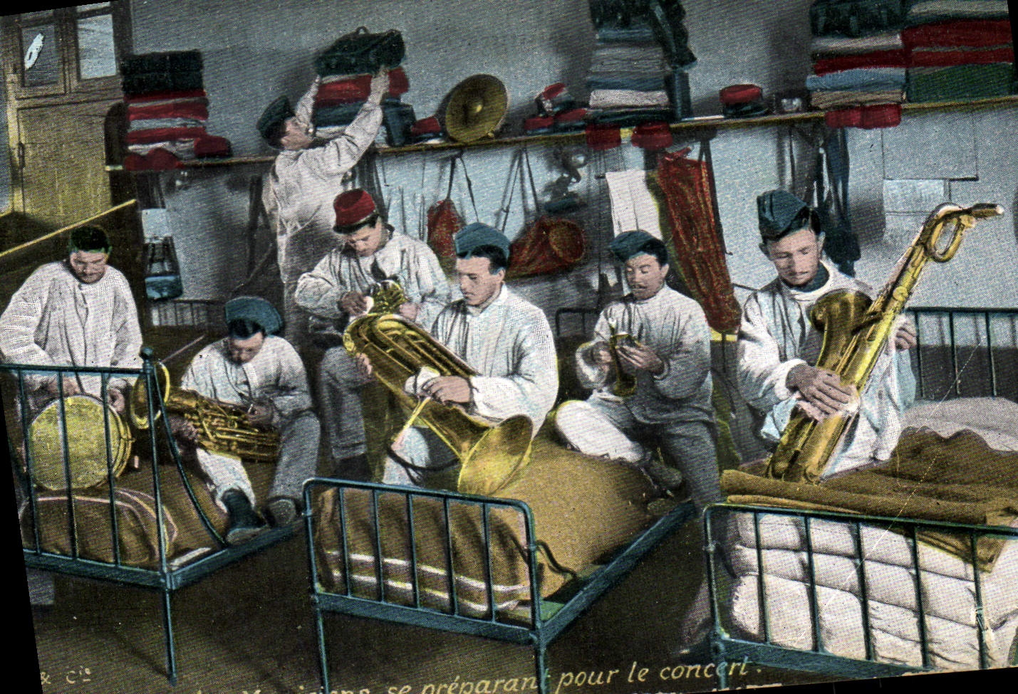 Vintage Postcard Militaria Infantry Musicians preparing for the concert Music Coppers Saxophone
