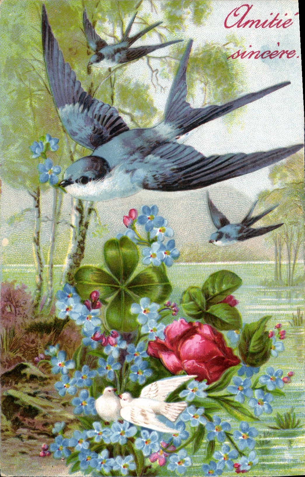 Vintage Postcard Fantasy Flowers Swallow Doves