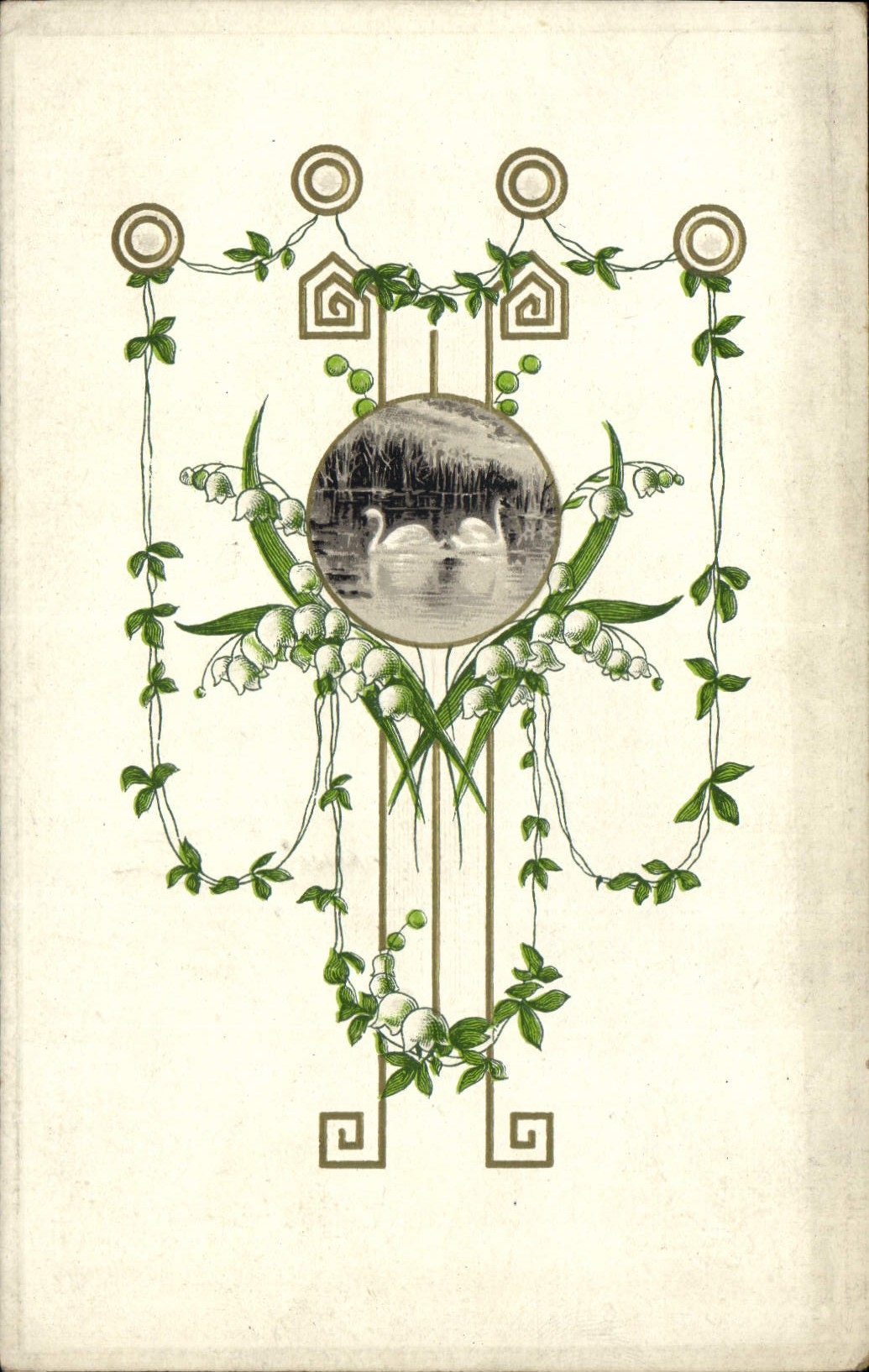 Vintage Postcard Fantasy Flowers Lily of the valley Swans