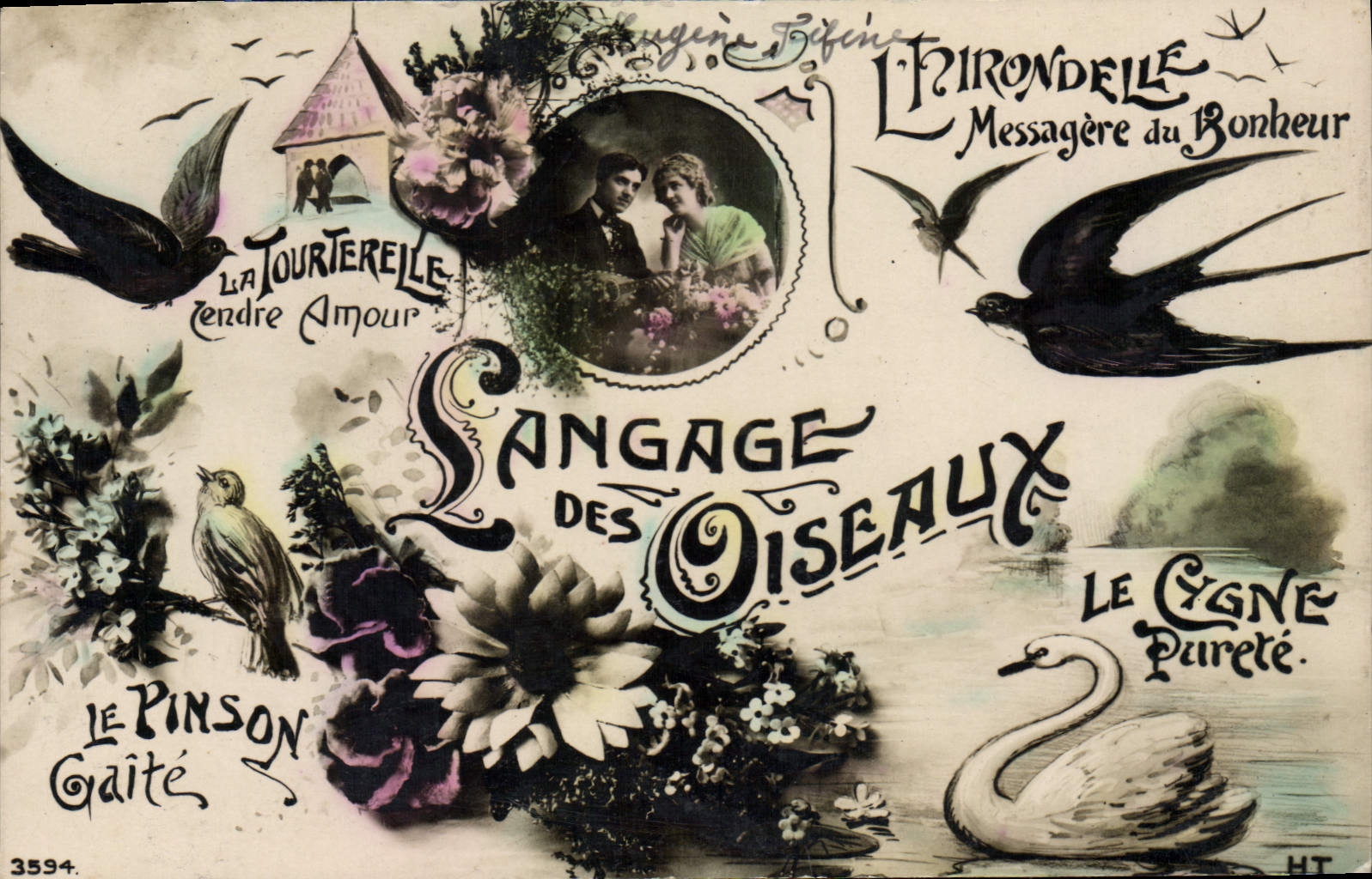 Vintage Postcard Fantasy the language of the birds Swan Swallow Finch
