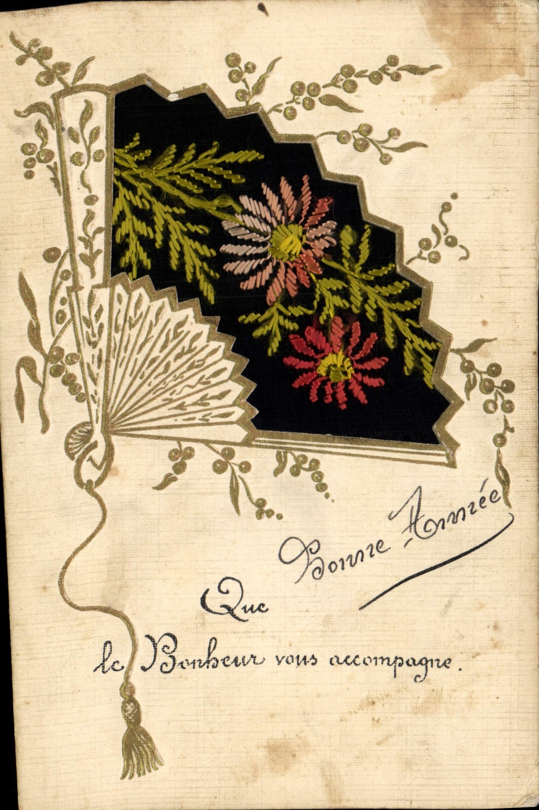 CPA Fantaisie Eventail Fleurs 