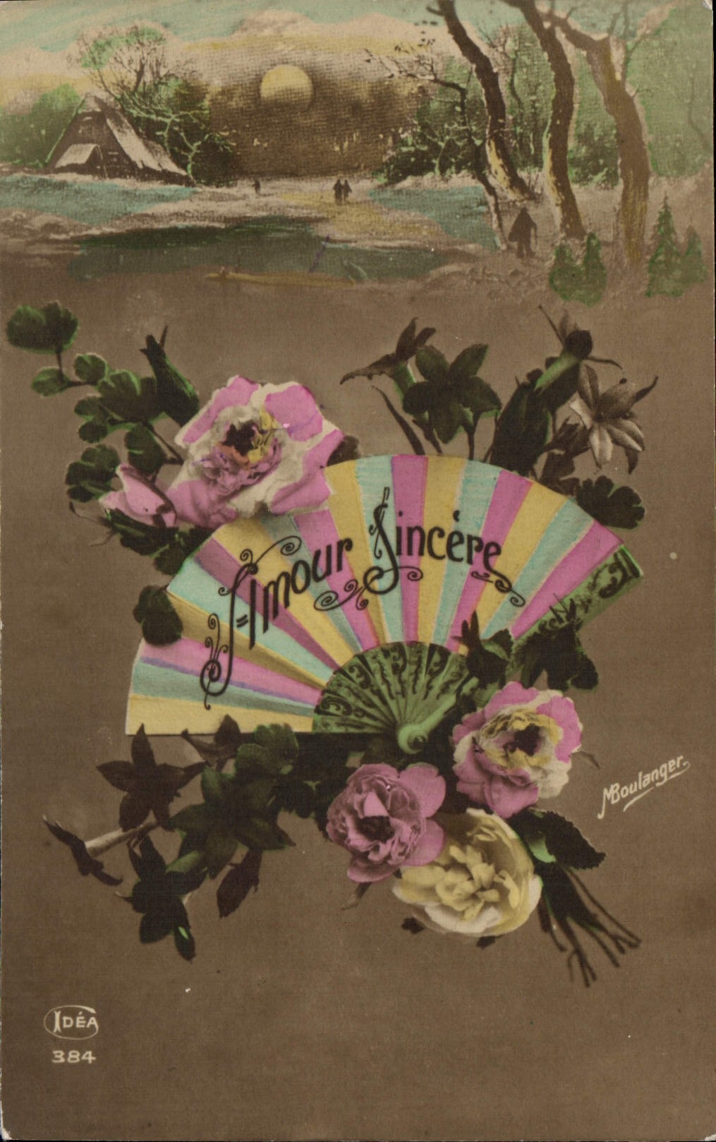 CPA Fantaisie Eventail Fleurs 