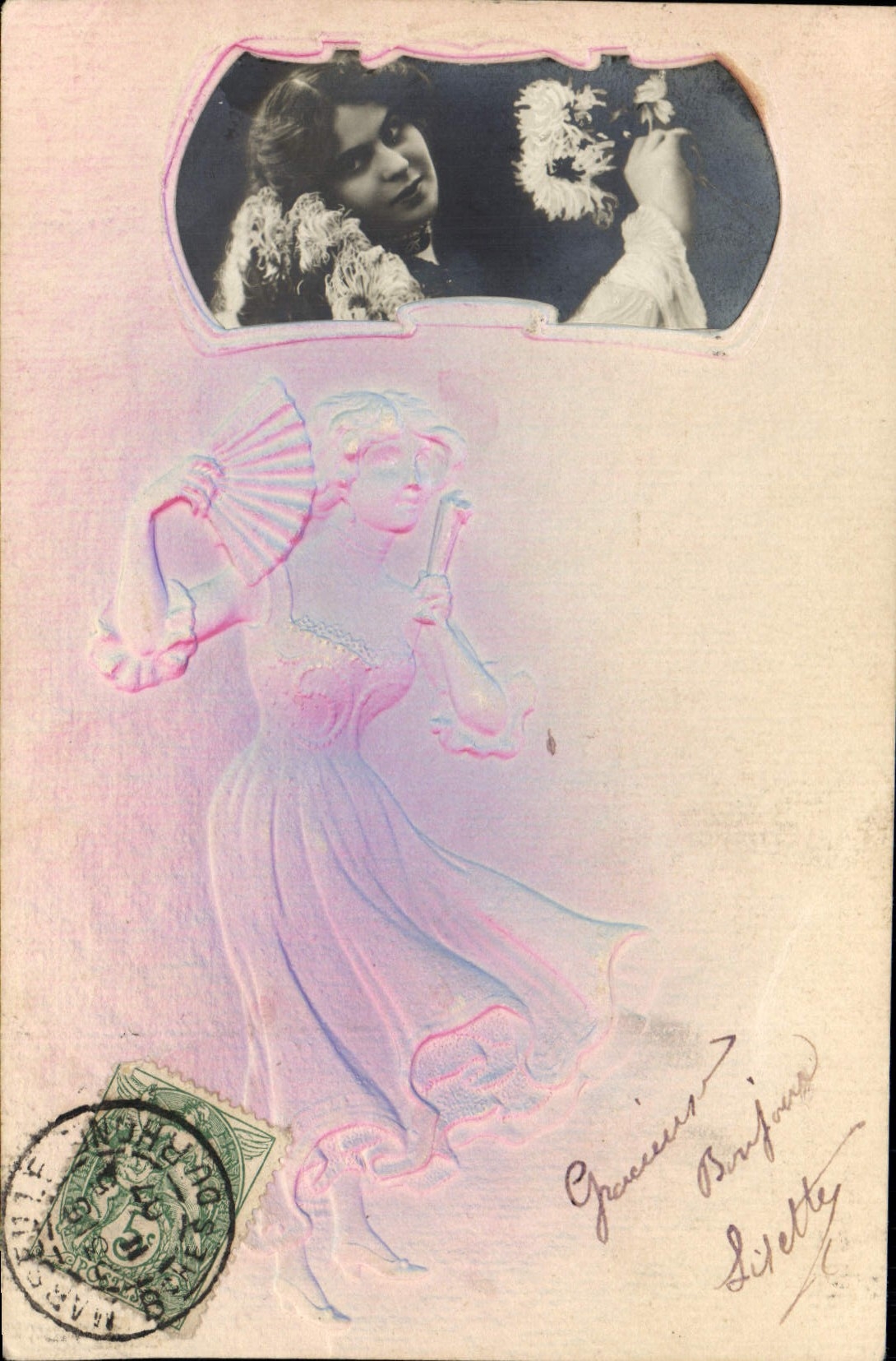 Postal Fantasia Abanico Mujer (decorado en relieve)