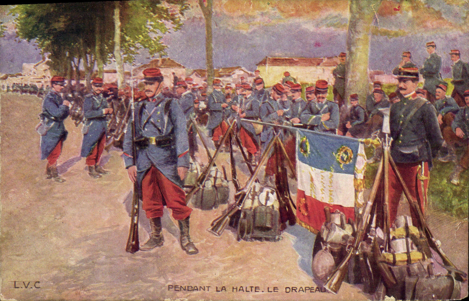 CPA Militaria Pendant la halte Le drapeau