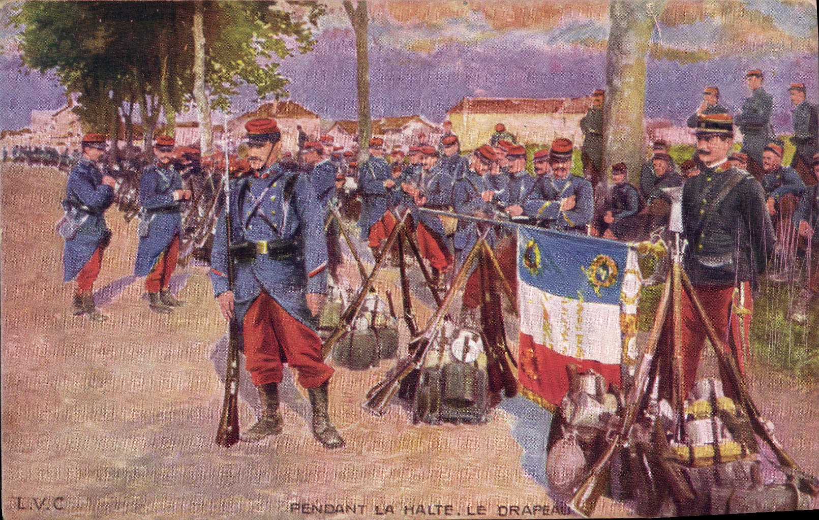 CPA Militaria Pendant la halte Le drapeau 