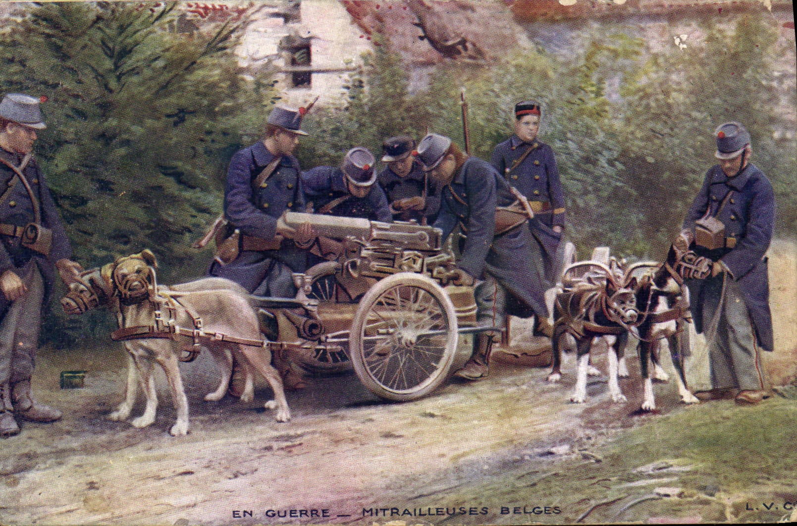 Postal Militaria Metralletas belgas Perro Perros