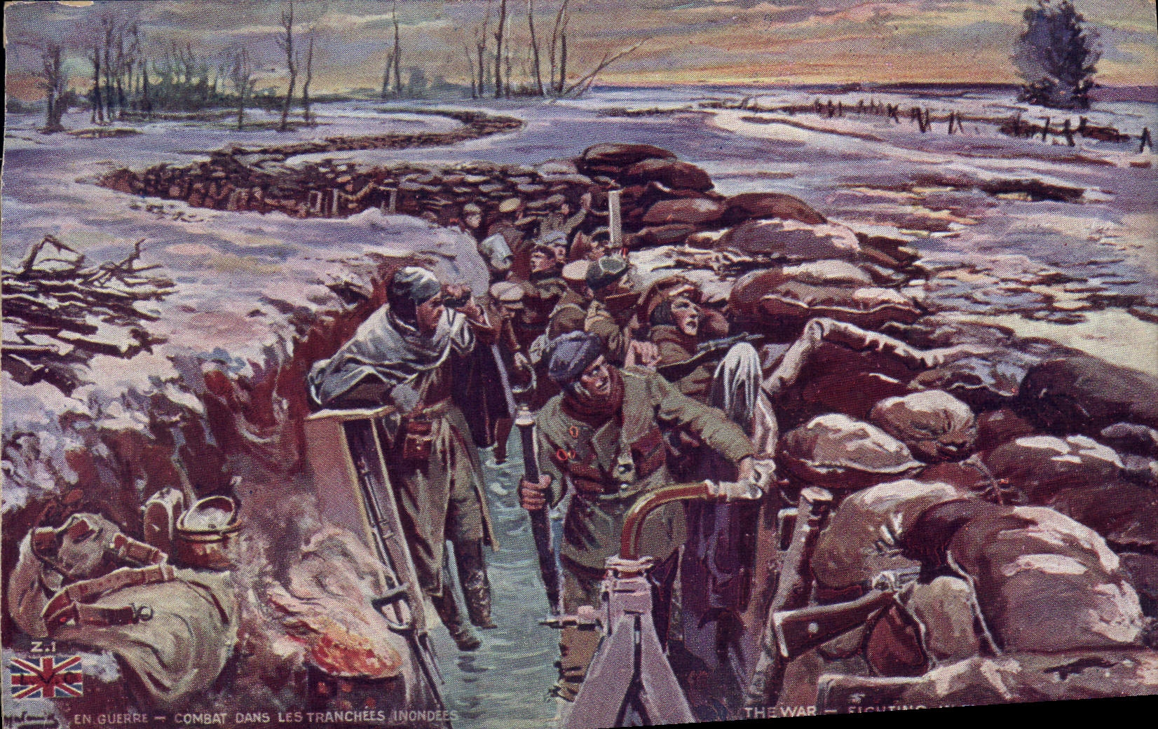 Postal Militaria Combate en el cortadas inundadas