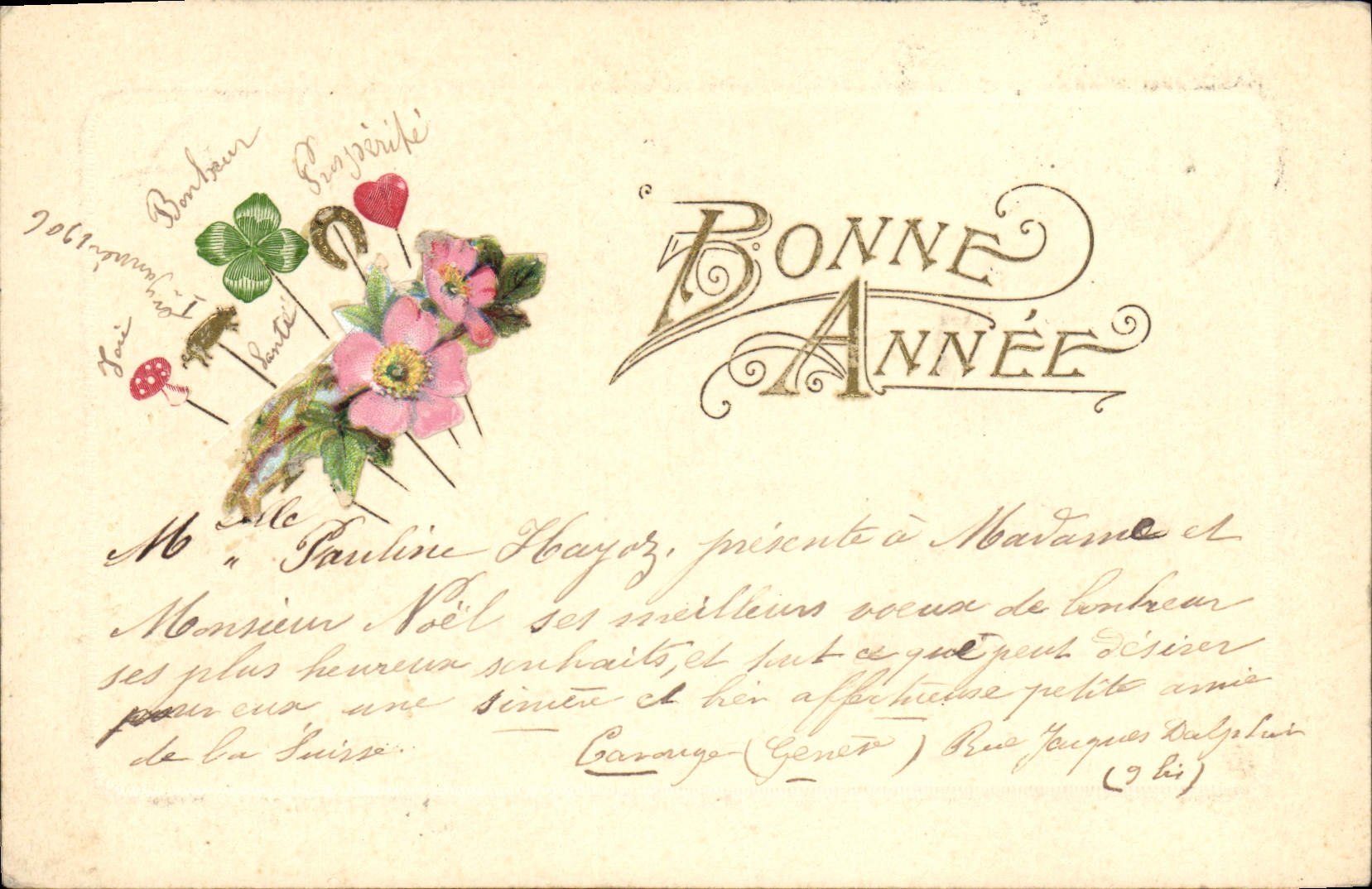 CPA Fantaisie Fleurs Cochon Porc Fer a cheval Trefle Coeur 