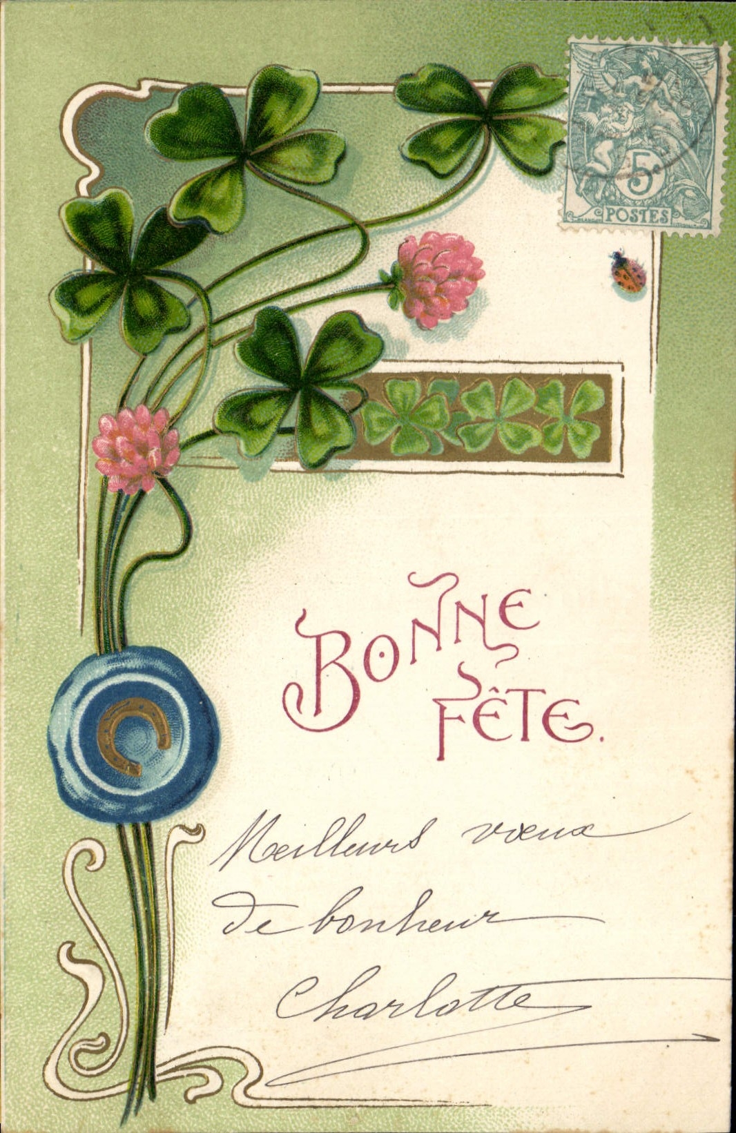 CPA Fantaisie Fleurs Trefles Fer a cheval 