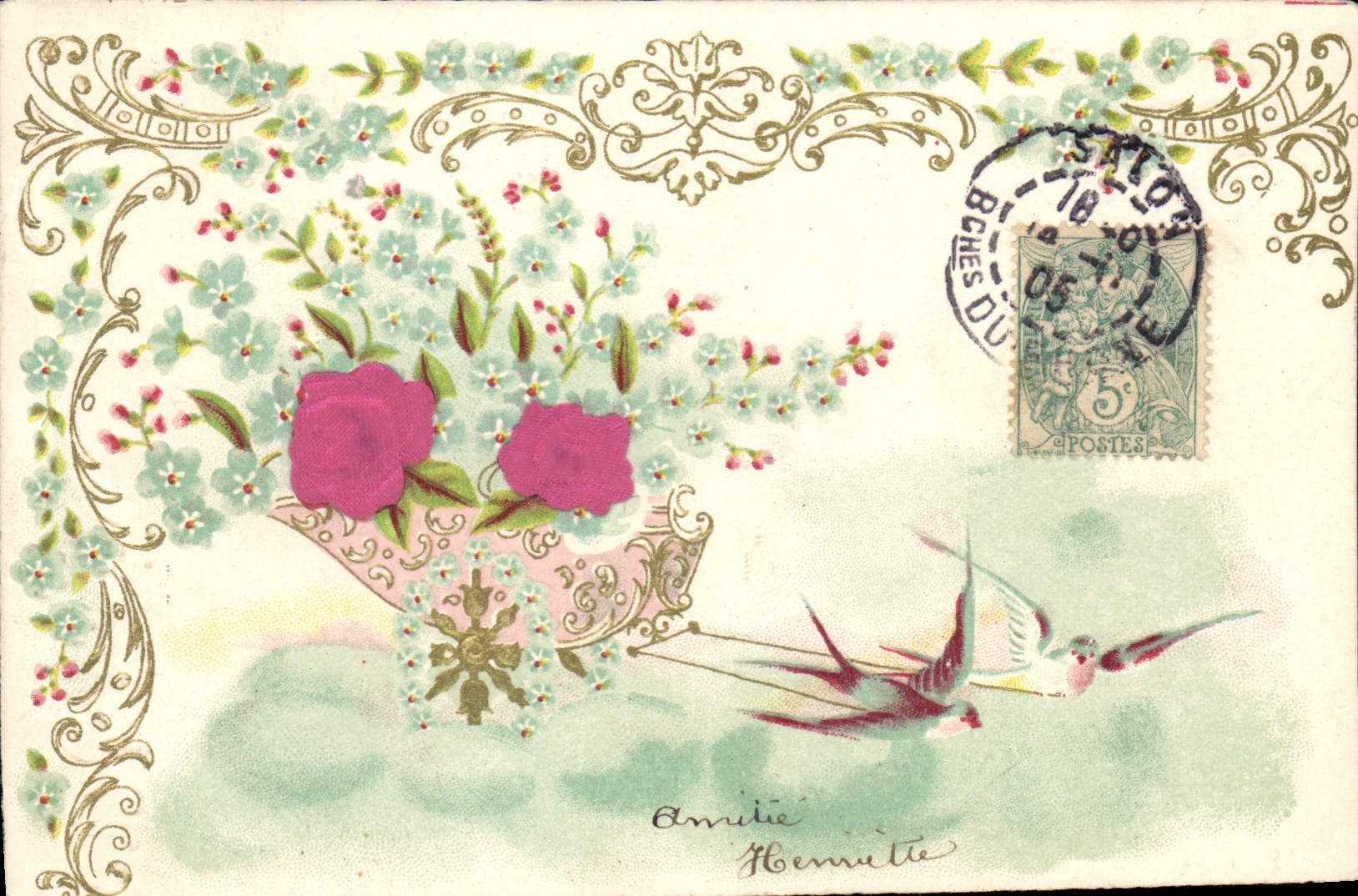 CPA Fantaisie Fleurs Hirondelles 