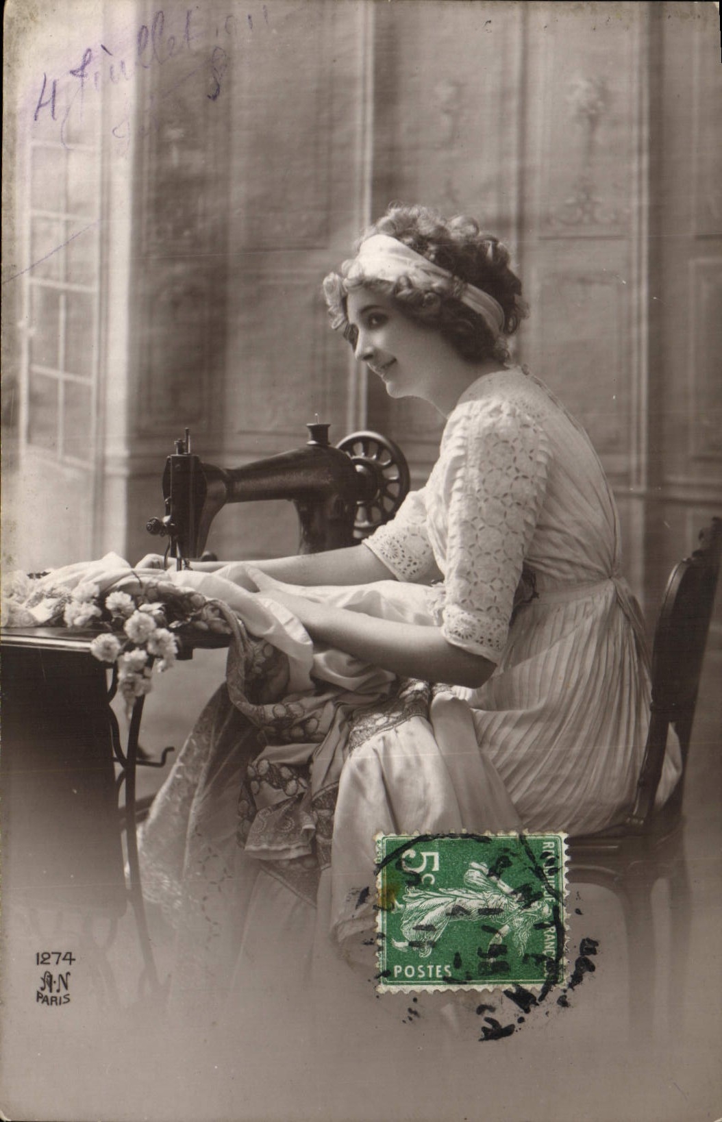 Vintage Postcard Sewing machine Woman