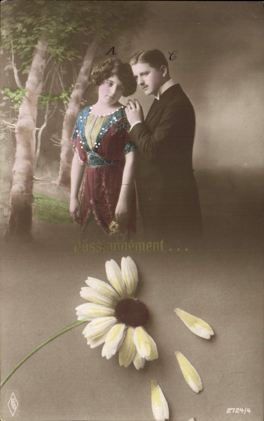 Vintage Postcard Fantasy Woman Passionately Flowers