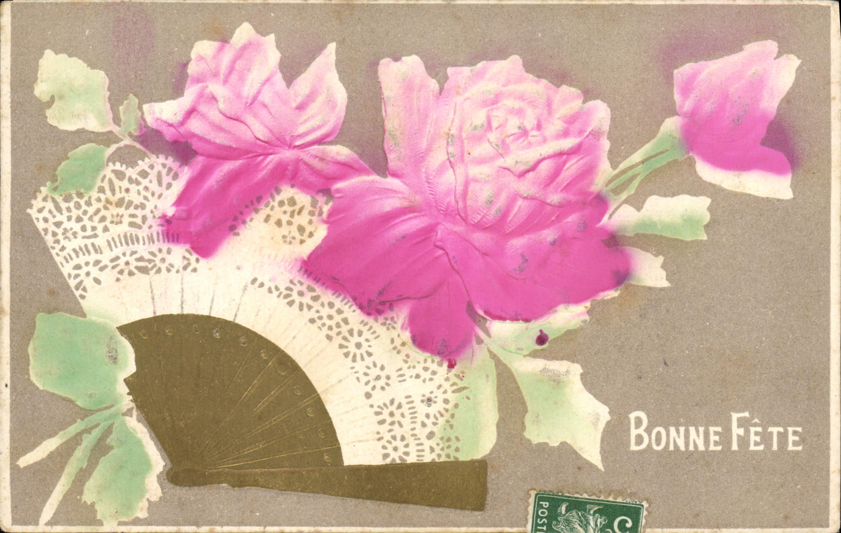 CPA Fantaisie Eventail Fleurs