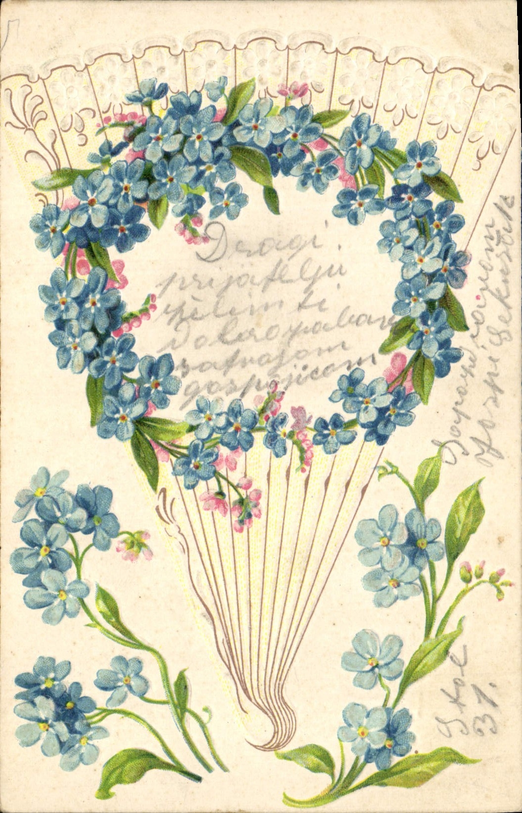 CPA Fantaisie Eventail Fleurs