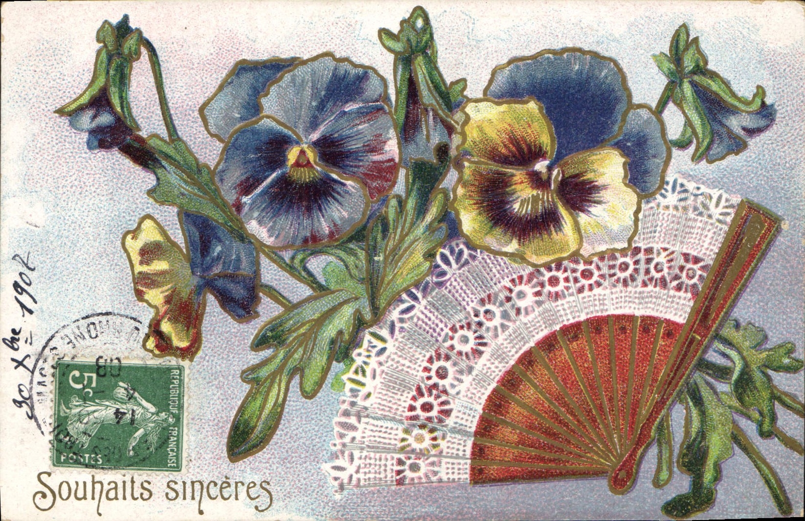 CPA Fantaisie Eventail Fleurs