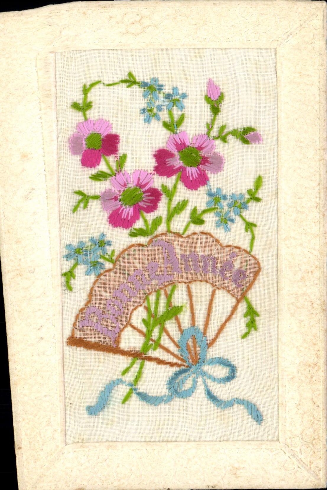 CPA Fantaisie Brodee Fleurs Eventail 