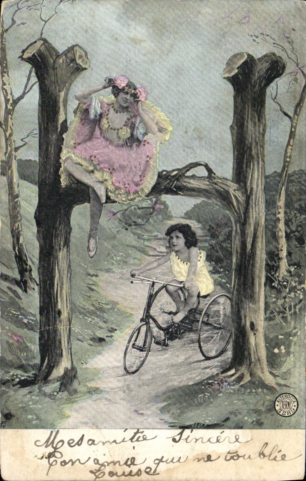 Vintage Postcard Fantasy Woman Letters Letter H Three-wheeled Bicycle