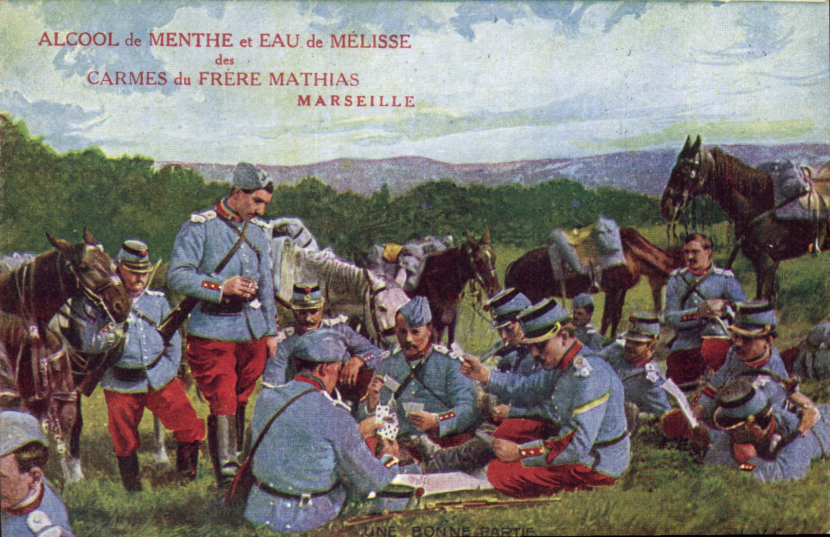 CPA Militaria Une bonne partie Cartes Alcool de menthe et eau de Melisse Carmes du Frere Mathias Marseille
