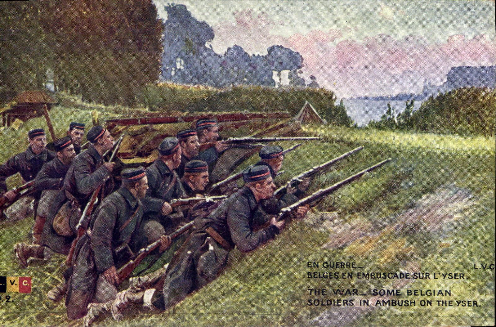 CPA Militaria Belges en embuscade sur l'Yser 