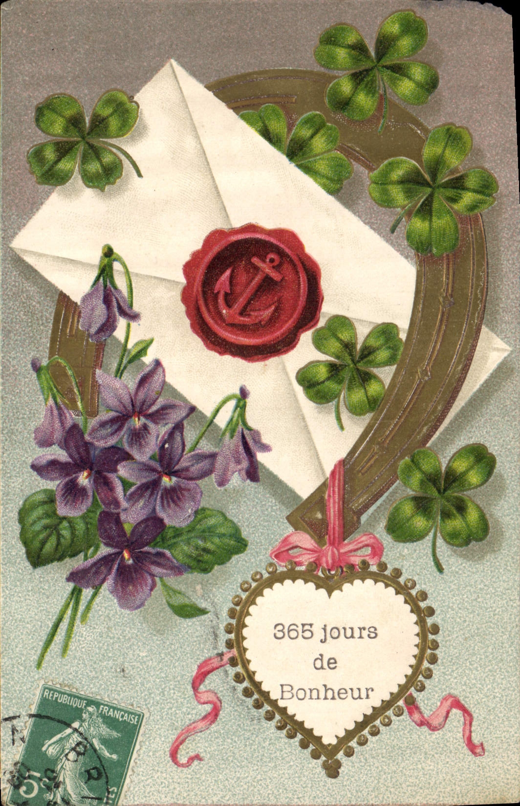 CPA Fantaisie Fleurs Ancre de marine Fer a cheval Trefles 