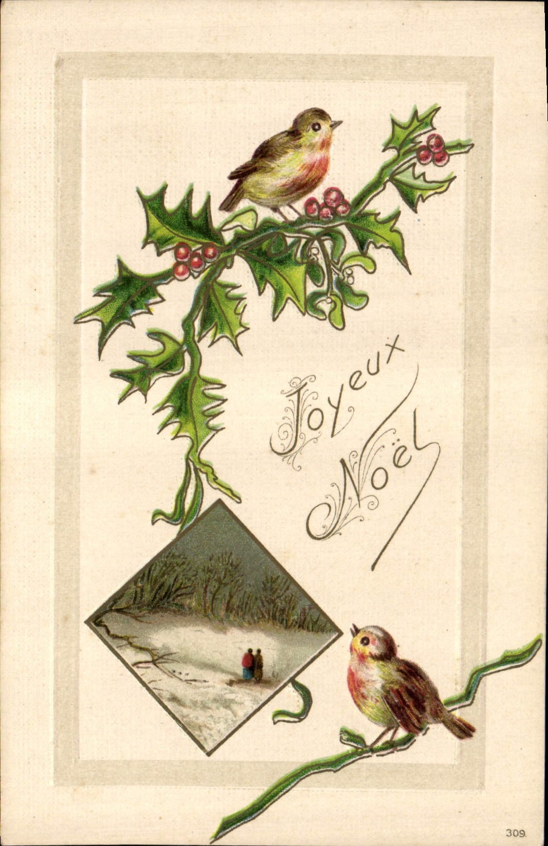 Vintage Postcard Fantasy Flowers Christmas Bird