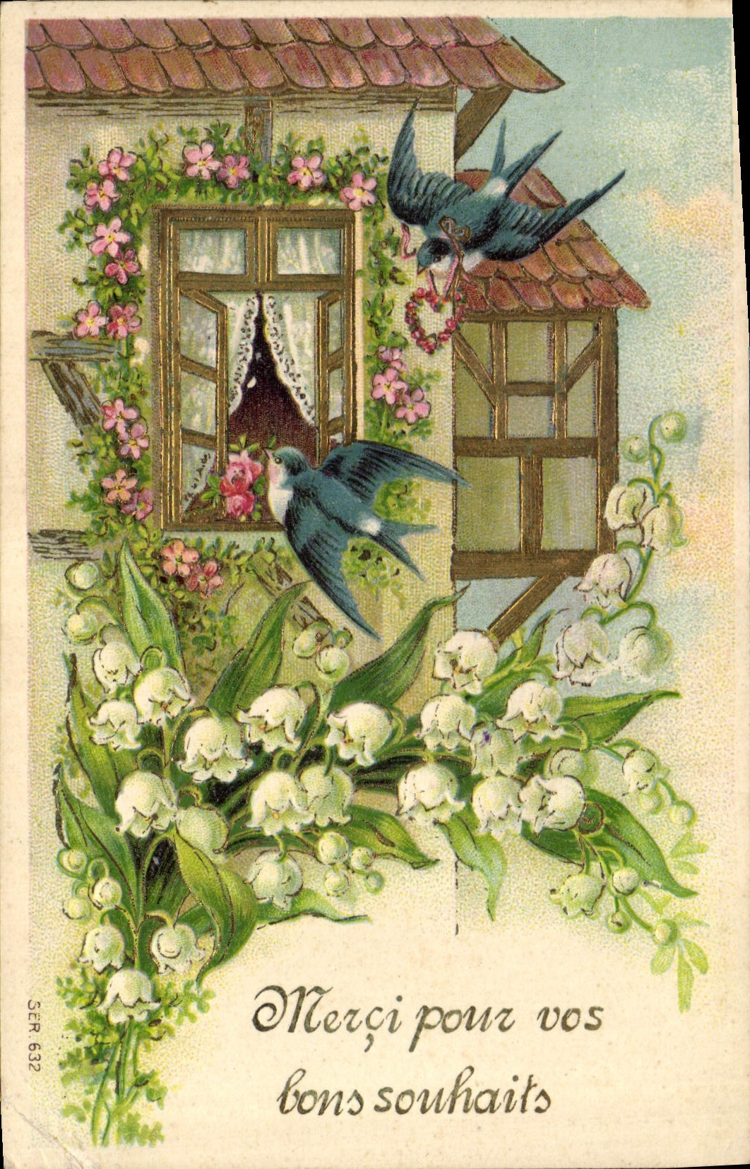 CPA Fantaisie Fleurs Muguet Hirondelles 