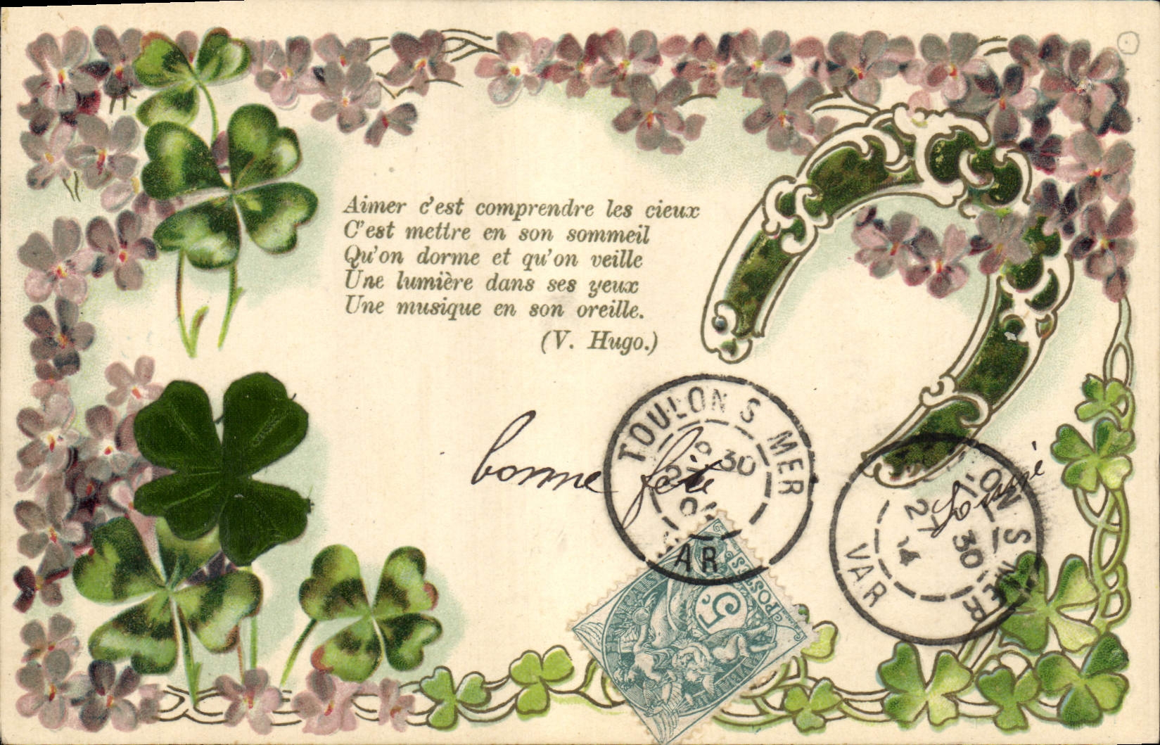 CPA Fantaisie Fleurs Fer a cheval Trefles 