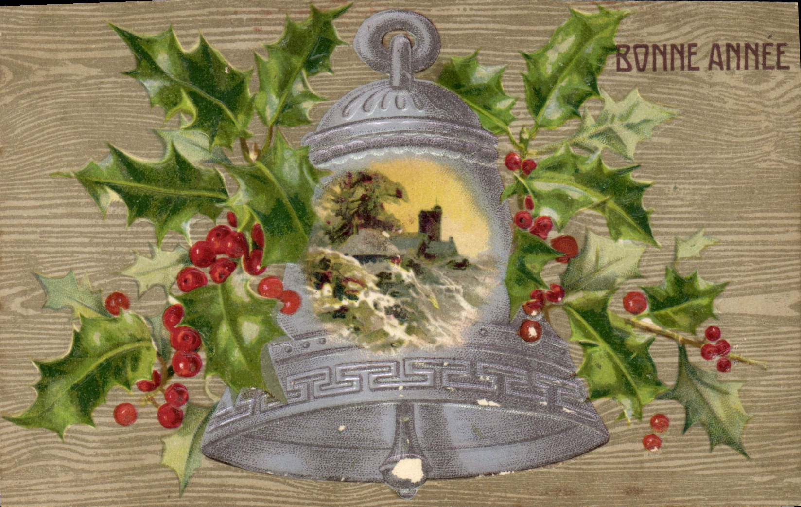 Vintage Postcard Fantasy Flowers Happy new year Bell