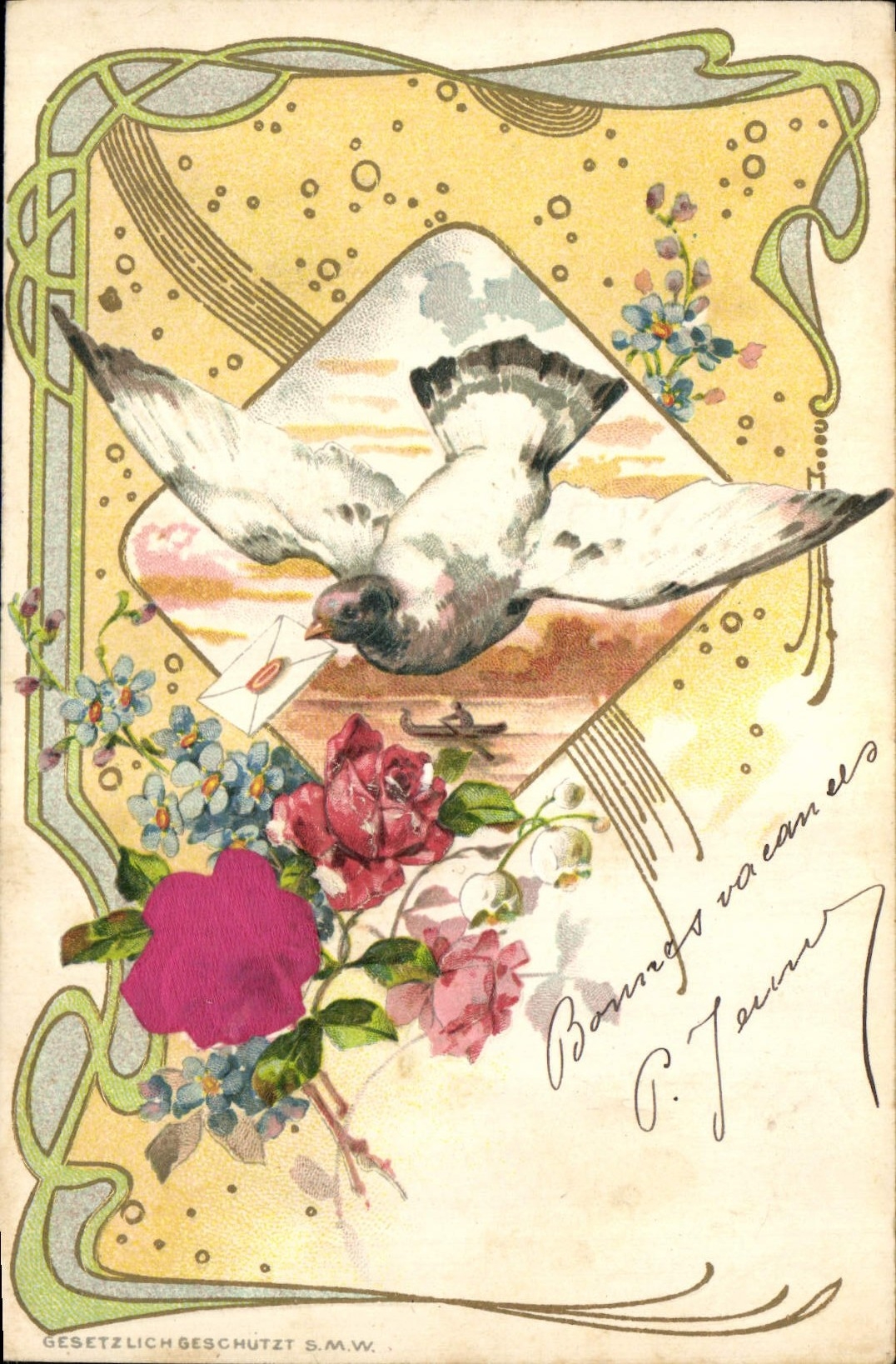 CPA Fantaisie Fleurs Oiseau 