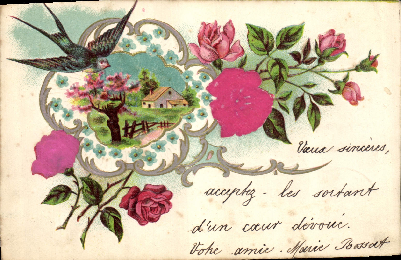 CPA Fantaisie Fleurs Hirondelle 