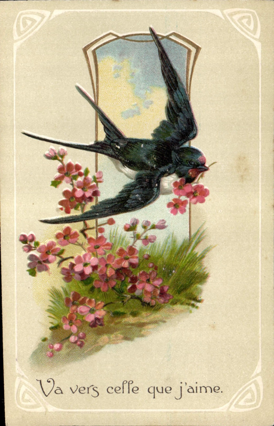 CPA Fantaisie Fleurs Hirondelle 