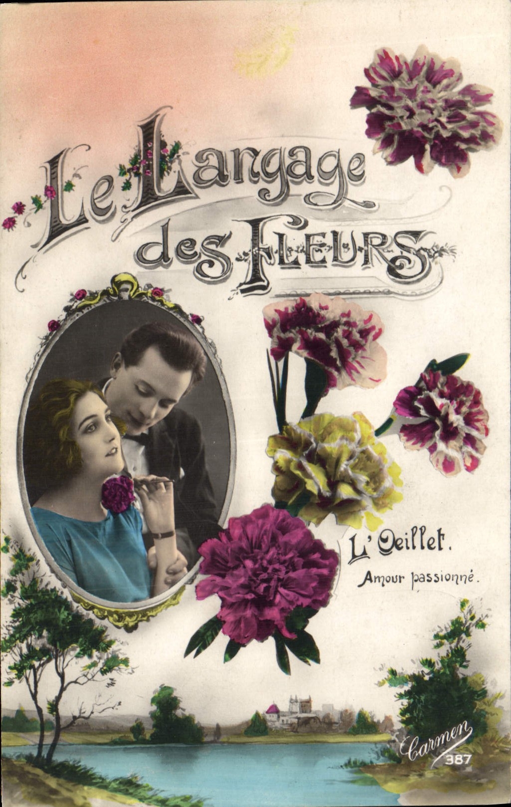 CPA Fantaisie Le langage des Fleurs Femme Oeillet 